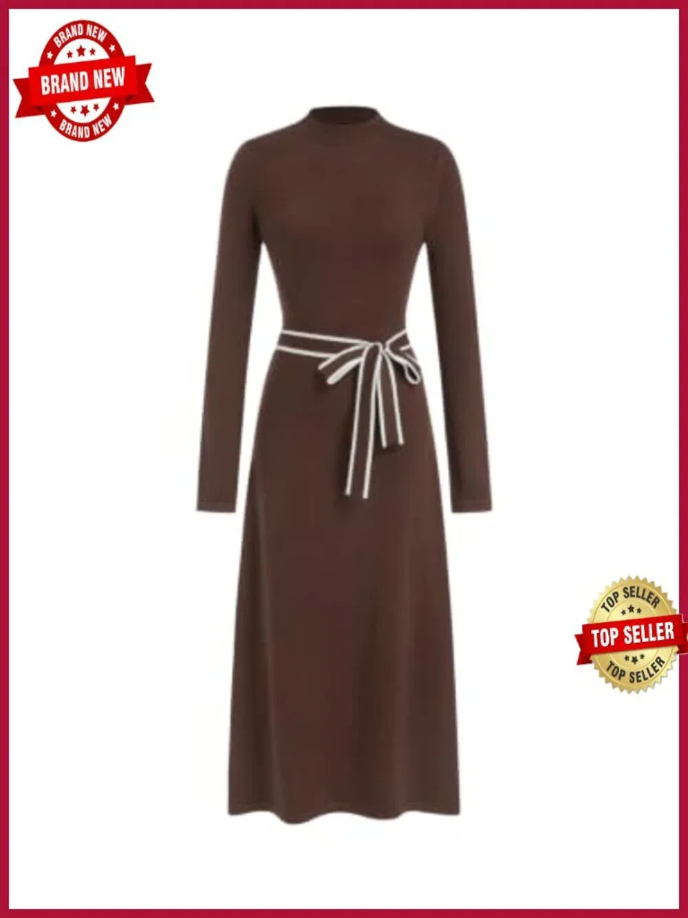 Turtleneck Sweater Dress Maxi Long Sleeve Tie Waist Work Dress